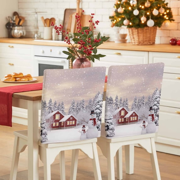 Christmas Snowman Chair Covers Set of 8 Winter Snowflake Xmas Tree Farmhouse Chair Back Covers Stretch Removable Washable Slipcovers Protector for Dining Room Kitchen Party Decor