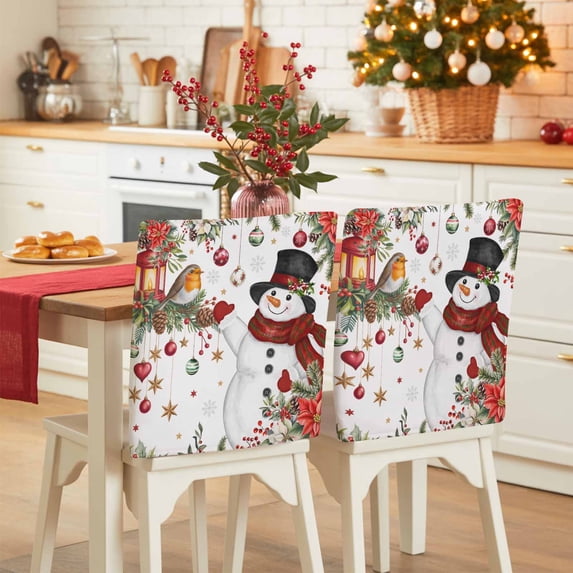 Christmas Snowman Chair Covers Set of 8 Xmas Poinsettia Birds Balls Snowflake Chair Back Covers Stretch Removable Washable Slipcovers Protector for Dining Room Kitchen Party Decor