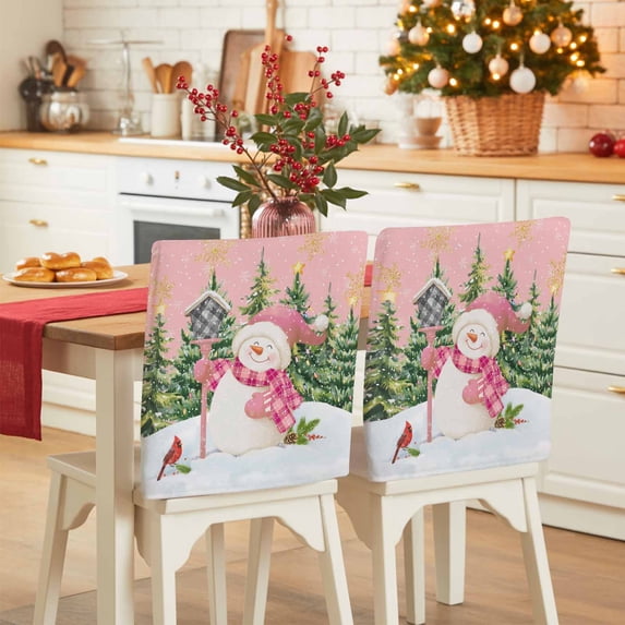 Christmas Snowman Chair Covers Set of 8 Xmas Tree Forest Snowflake Bird Snowing Pink Chair Back Covers Stretch Removable Washable Slipcovers Protector for Dining Room Kitchen Party Decor