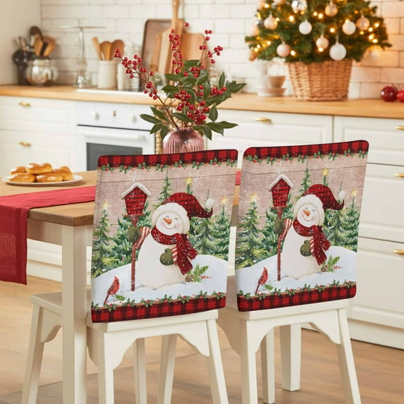 Christmas Snowman Chair Covers Set of 8 Xmas Tree Forest Snowflake Wood Red Plaid Chair Back Covers Stretch Removable Washable Slipcovers Protector for Dining Room Kitchen Party Decor