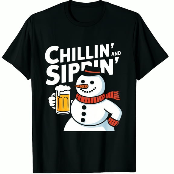 Christmas Snowman Chillin And Sippin Holding Beer Glass Winter Holiday Party Wear Black Funny Graphic T-Shirt for Men Women