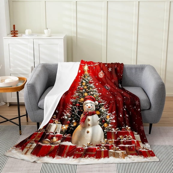 Christmas Snowman Christmas Tree Gift Pattern Soft Warm Fleece Throw Blanket for Couch Sofa Bedroom Christmas Holiday Decor