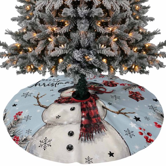 Christmas Snowman Christmas Tree Skirt 36 Inch, Red Plaid Scarf Pine Branch Fruit Snow Blue Xmas Tree Skirt, Christmas Tree Mat Ornaments for Home New Year Party and Holiday Decor Supplies