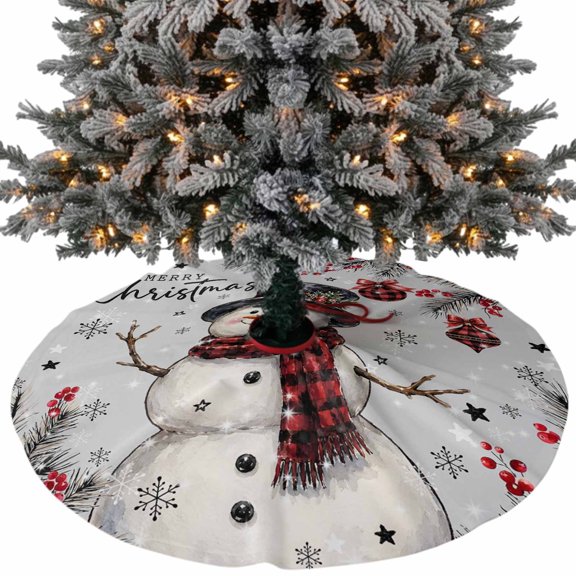 Christmas Snowman Christmas Tree Skirt 36 Inch, Red Plaid Scarf Pine Branch Fruit Snow Grey Xmas Tree Skirt, Christmas Tree Mat Ornaments for Home New Year Party and Holiday Decor Supplies
