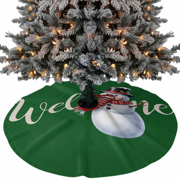 Christmas Snowman Christmas Tree Skirt 36 Inch, Welcome Text Winter Red Scarf Snowman Forest Green Xmas Tree Skirt, Christmas Tree Mat Ornaments for Home New Year Party and Holiday Decor Supplies