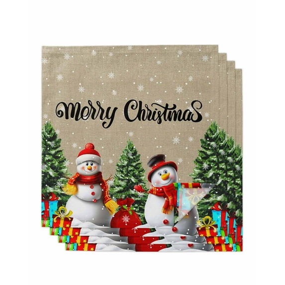 Christmas Snowman Cloth Napkins Set of 4 Reusable Dinner Napkins, Brown Winter Snowflake Xmas Pine Tree Cocktail Napkin Washable Table Napkins for Wedding/Holiday Party/Baby Shower 20"x20"