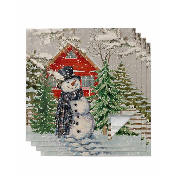 Christmas Snowman Cloth Napkins Set of 4, Xmas Tree Snowflake Farmhouse Grey Washable Reusable Dinner Cocktail Napkin for Kitchen Party Wedding Banquet Holiday Baby Shower Table Decor