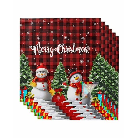 Christmas Snowman Cloth Napkins Set of 6 Reusable Dinner Napkins, Black Red Checked Snowflake Pine Tree Cocktail Napkin Washable Table Napkins for Wedding/Holiday Party/Baby Shower 20"x20"