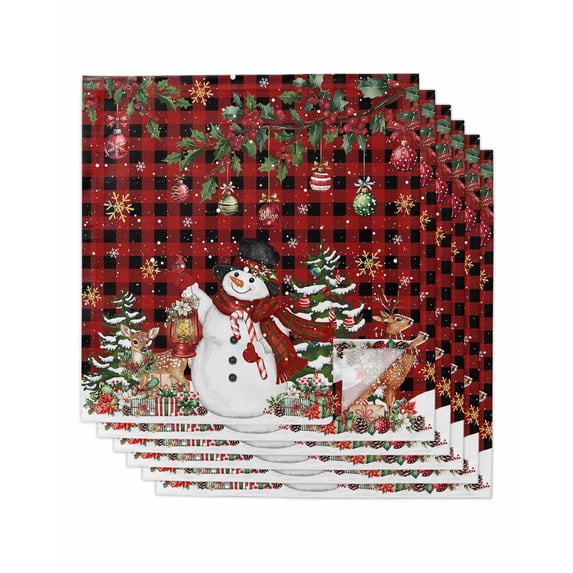 Christmas Snowman Cloth Napkins Set of 6 Reusable Dinner Napkins, Xmas Snowflake Elk Tree Balls Red Plaid Cocktail Napkin Washable Table Napkins for Wedding/Holiday Party/Baby Shower 20"x20"