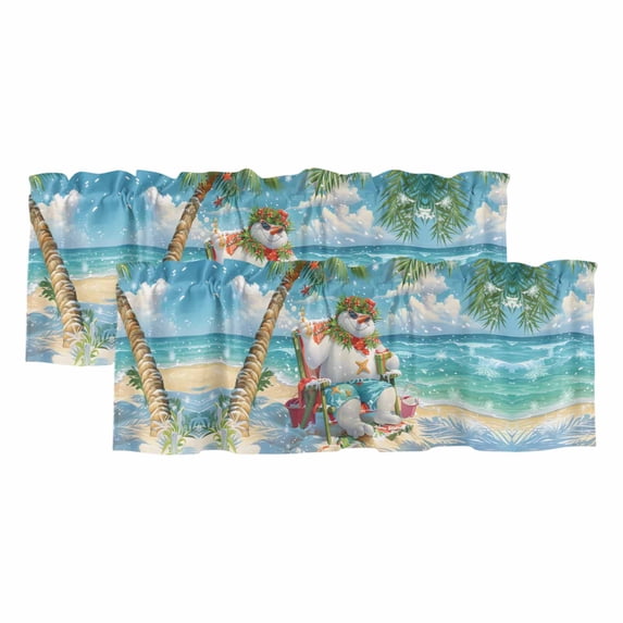 Christmas Snowman Coastal Curtain Valances for Windows, Kitchen Valance Window Treatments Panel 2 Pack, Xmas Blue Beach Rod Pocket Short Curtains for Bathroom Bedroom 54 x 18 Inch