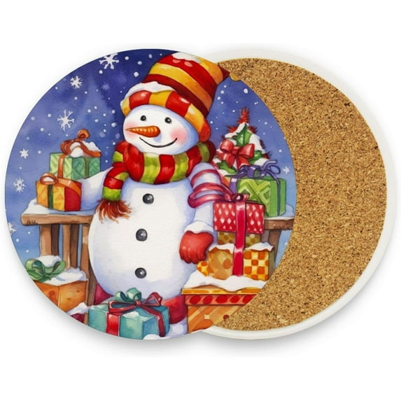 Christmas Snowman Coasters Absorbent Moisture Non-Slip Drink Coaster Ceramic Stone with Cork Base Desktop Protection, 2PCS