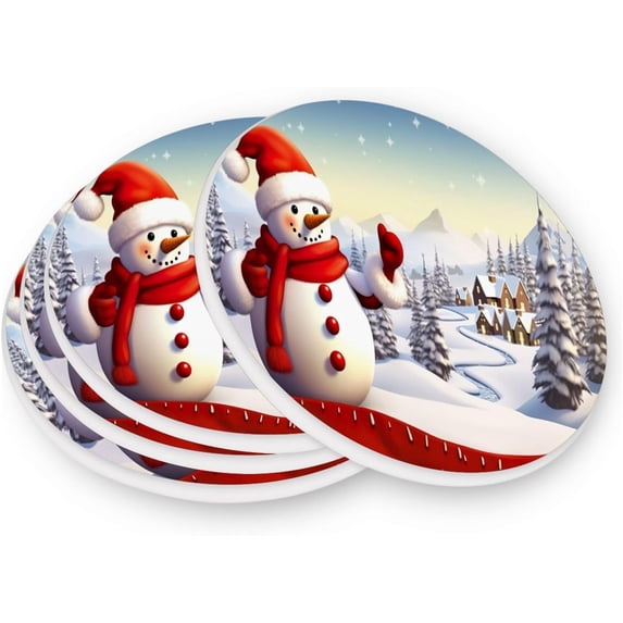 Christmas Snowman Coasters Absorbent Moisture Non-Slip Drink Coaster Ceramic Stone with Cork Base Desktop Protection, 4PCS