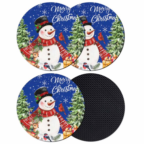 Christmas Snowman Coasters Set of 4, Absorbent Coasters for Drinks, Blue Xmas Tree Elk Gifts Snowflake Coaster for Desk Coffee Table Protection, Home Decor House Warming Gifts 4"