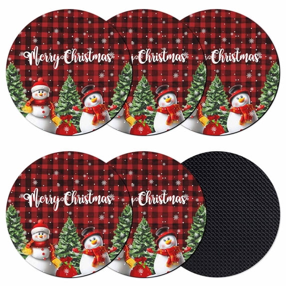 Christmas Snowman Coasters Set of 6, Absorbent Coasters for Drinks, Black Red Checked Snowflake Pine Tree Coaster for Desk Coffee Table Protection, Home Decor House Warming Gifts 4"