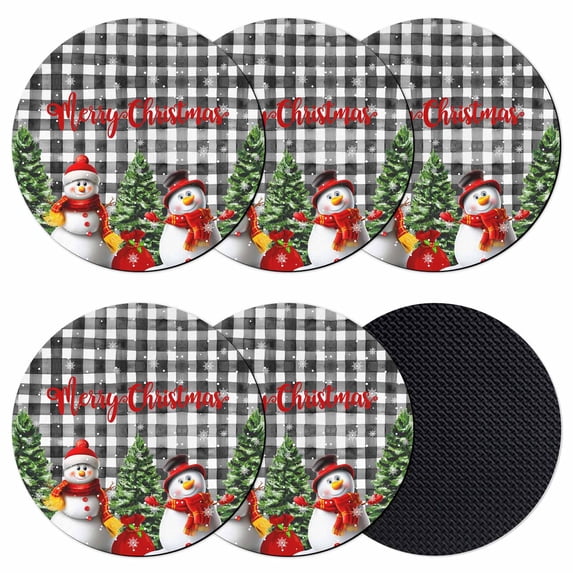 Christmas Snowman Coasters Set of 6, Absorbent Coasters for Drinks, Black White Plaid Snowflake Pine Tree Coaster for Desk Coffee Table Protection, Home Decor House Warming Gifts 4"