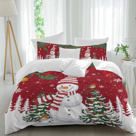 Christmas Snowman Comforter Set Queen Size, Classic Winter Christmas Tree Red Soft Bedding Set for Man Woman, 4 Pieces Duvet Cover Set with Fitted Sheet, 2 Pillowcases