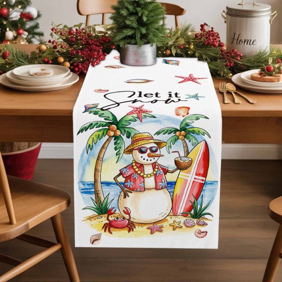 Christmas Snowman Cotton Linen Table Runner 13 x 72 inch Winter Coastal Beach Palm Tree Xmas Non-slip Rectangular Dining Table Decor for Wedding Party Holiday Dinner
