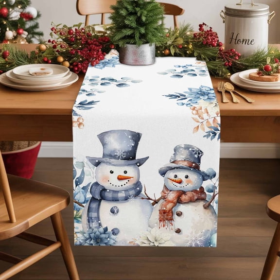 Christmas Snowman Cotton Linen Table Runner Blue Floral Eucalyptus Leaves Winter Dining Table Runners for Home Decor Party Dining Room Restaurant Kitchen Party 13" x 48"