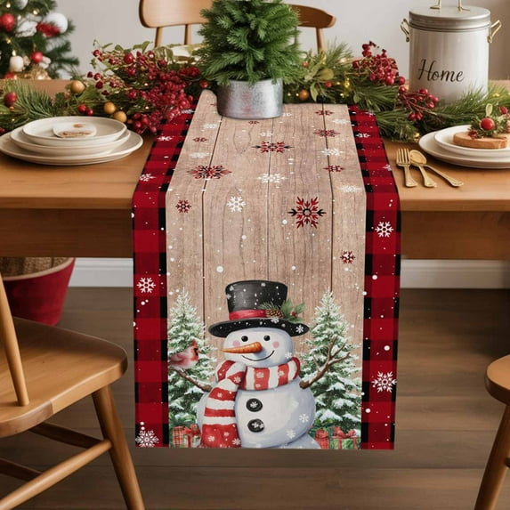 Christmas Snowman Cotton Linen Table Runner Christmas Tree Snowflakes Red Plaid Wood Texture Dining Table Runners for Home Decor Party Dining Room Restaurant Kitchen Party 13" x 48"