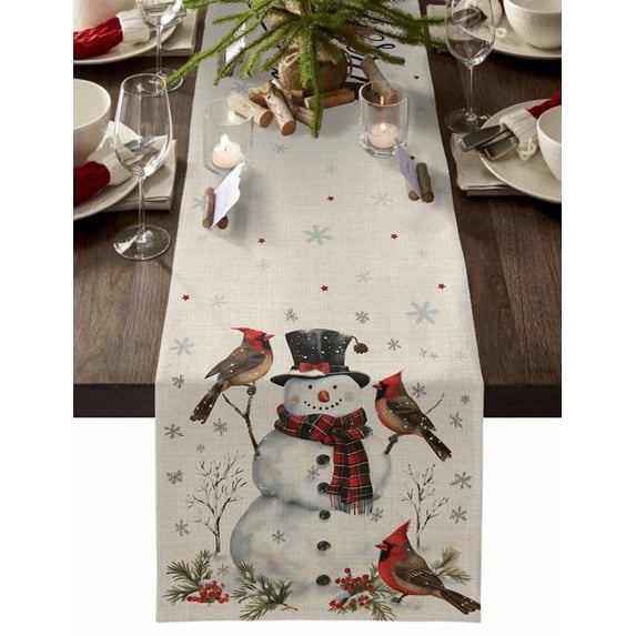 Christmas Snowman Cotton Linen Table Runner for Dining Kitchen, Winter Xmas Snowflakes Cardinal on Linen Wedding Outdoor Party Tablerunners Decoration, Dresser Scarf Coffee Tablecloth Runners 13"x72"