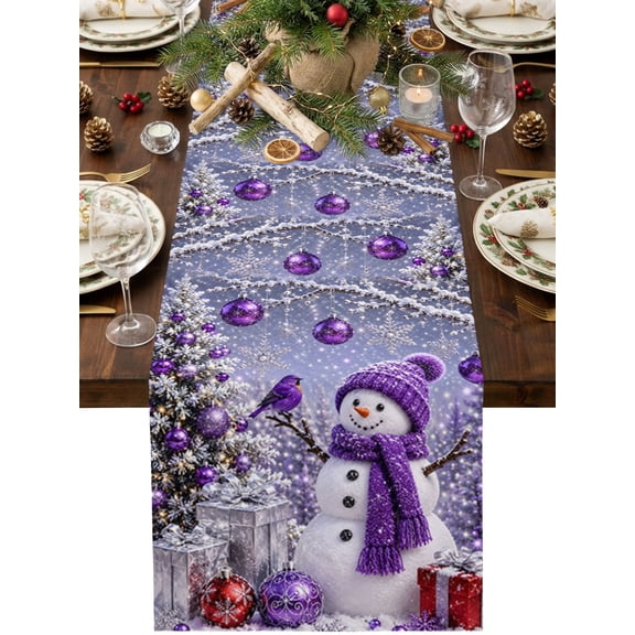 Christmas Snowman Cotton Linen Table Runner Festive Purple Bird Gift Boxes Snowy Tree Dining Table Runners for Home Decor Party Dining Room Restaurant Kitchen Party 13" x 36"