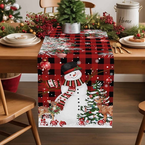 Christmas Snowman Cotton Linen Table Runner Pine Tree Leaf Deer Xmas Balls Red Black Plaid Dining Table Runners for Home Decor Party Dining Room Restaurant Kitchen Party 13" x 48"