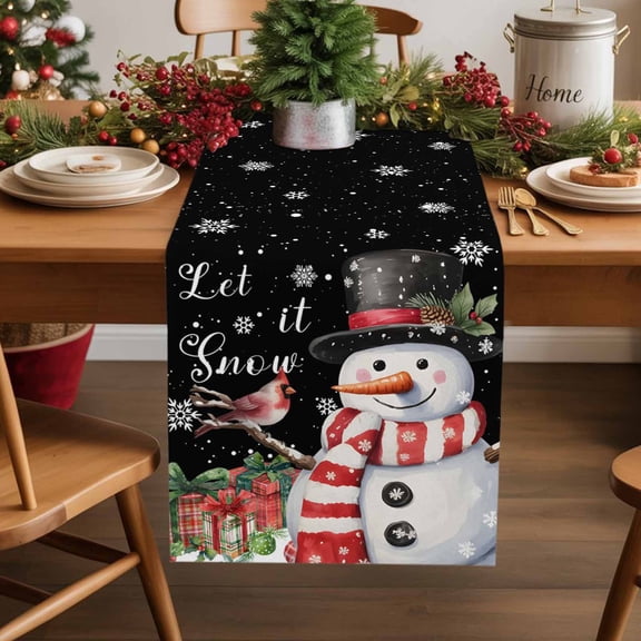 Christmas Snowman Cotton Linen Table Runner Snowflake Gift Bird Winter Black Dining Table Runners for Home Decor Party Dining Room Restaurant Kitchen Party 13" x 48"