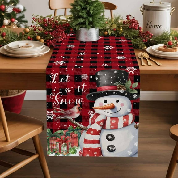 Christmas Snowman Cotton Linen Table Runner Snowflake Gift Bird Winter Red Plaid Dining Table Runners for Home Decor Party Dining Room Restaurant Kitchen Party 13" x 48"