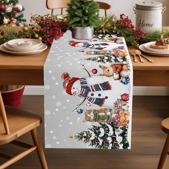 Christmas Snowman Cotton Linen Table Runner Snowflake Squirrel Cat Xmas Tree Grey Dining Table Runners for Home Decor Party Dining Room Restaurant Kitchen Party 13" x 36"