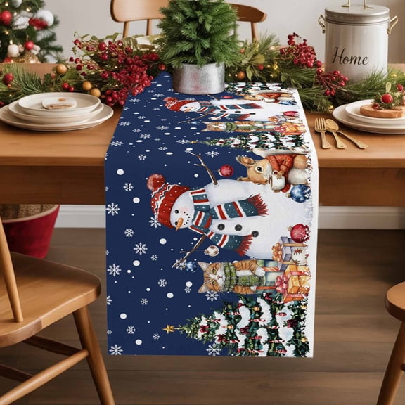 Christmas Snowman Cotton Linen Table Runner Snowflake Squirrel Cat Xmas Tree Navy Blue Dining Table Runners for Home Decor Party Dining Room Restaurant Kitchen Party 13" x 36"