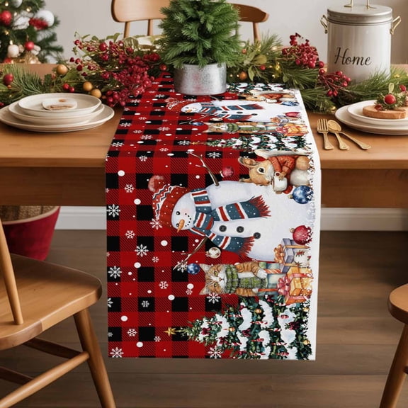 Christmas Snowman Cotton Linen Table Runner Snowflake Squirrel Cat Xmas Tree Plaid Dining Table Runners for Home Decor Party Dining Room Restaurant Kitchen Party 13" x 48"