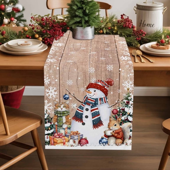 Christmas Snowman Cotton Linen Table Runner Squirrel Cat Winter Tree Snowflake Board Dining Table Runners for Home Decor Party Dining Room Restaurant Kitchen Party 13" x 48"