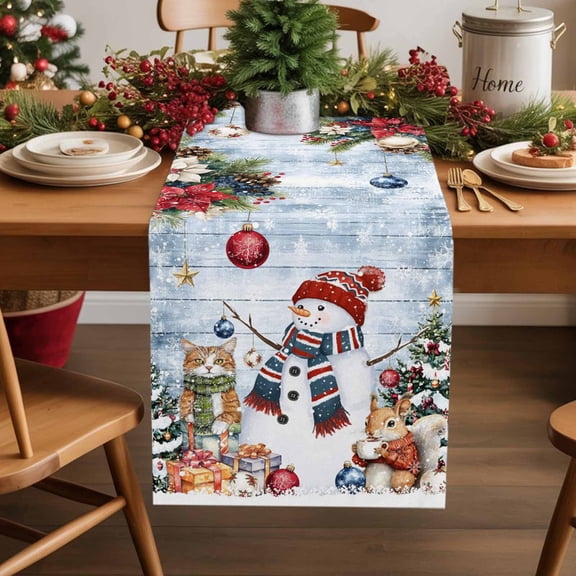 Christmas Snowman Cotton Linen Table Runner Squirrel Cat Xmas Tree Ball Blue Board Dining Table Runners for Home Decor Party Dining Room Restaurant Kitchen Party 13" x 48"