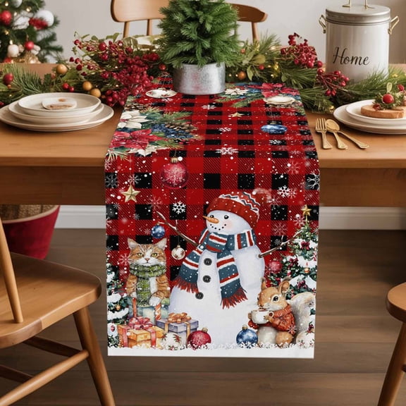 Christmas Snowman Cotton Linen Table Runner Squirrel Cat Xmas Tree Ball Plaid Winter Dining Table Runners for Home Decor Party Dining Room Restaurant Kitchen Party 13" x 48"