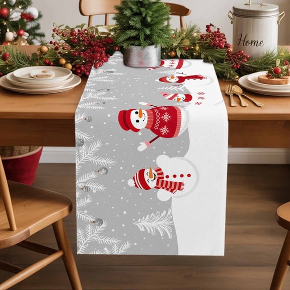 Christmas Snowman Cotton Linen Table Runner Winter Grey White Snowflakes Dining Table Runners for Home Decor Party Dining Room Restaurant Kitchen Party 13" x 36"