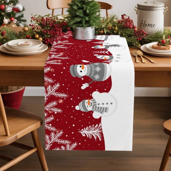 Christmas Snowman Cotton Linen Table Runner Winter Snowflakes Red White Dining Table Runners for Home Decor Party Dining Room Restaurant Kitchen Party 13" x 120"
