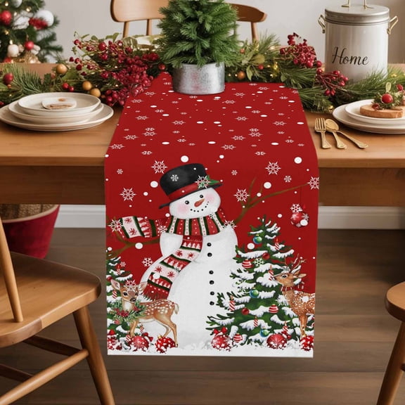 Christmas Snowman Cotton Linen Table Runner Xmas Tree Deer Balls Winter Snow Scene Red Dining Table Runners for Home Decor Party Dining Room Restaurant Kitchen Party 13" x 60"