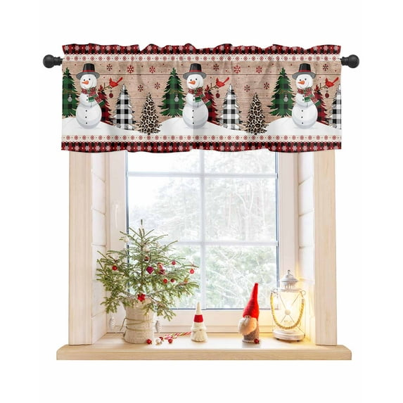 Christmas Snowman Curtain Valance for Windows/Living Room/Kitchen/Bathroom/Café, Short Rod Pocket Tier Curtain Window Treatment Panel Snowflake Xmas Tree Leopard Plaid Topper Curtain 60''x18''
