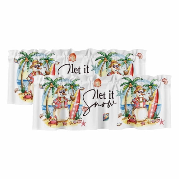 Christmas Snowman Curtain Valances for Windows, Kitchen Valance Window Treatments Panel 2 Pack, Winter Coastal Beach Palm Tree Xmas Rod Pocket Short Curtains for Bathroom Bedroom 42 x 18 Inch