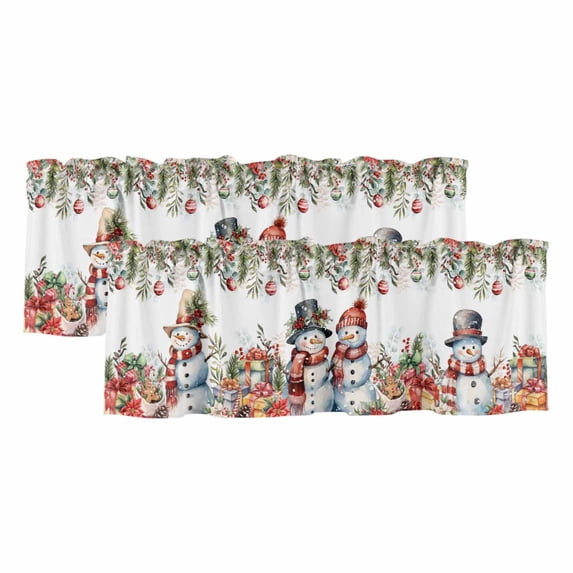 Christmas Snowman Curtain Valances for Windows, Kitchen Valance Window Treatments Panel 2 Pack, Xmas Balls Poinsettia Botanical Rod Pocket Short Curtains for Bathroom Bedroom 42 x 18 Inch