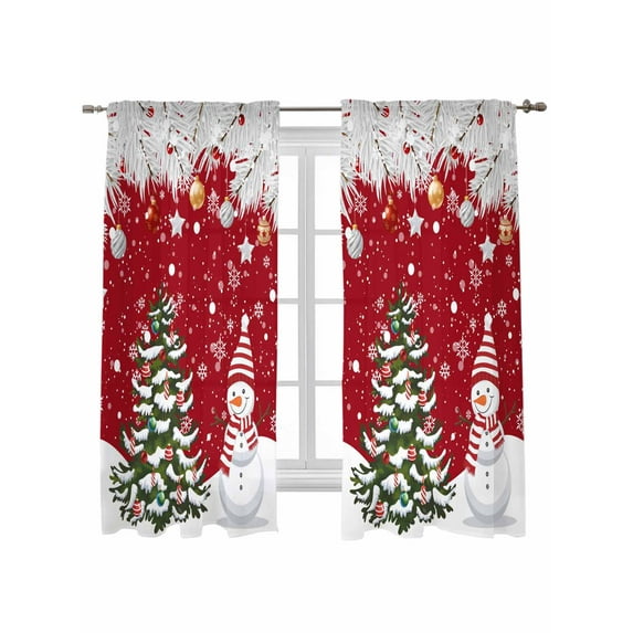 Christmas Snowman Curtains 63 Inch Length,Sheer Curtains for Bedroom Living Room Window Red Xmas Tree Silver Pine Tree Winter Rod Pocket Drapes Kitchen Curtains Small Half Window 42"x63" 2 Panels