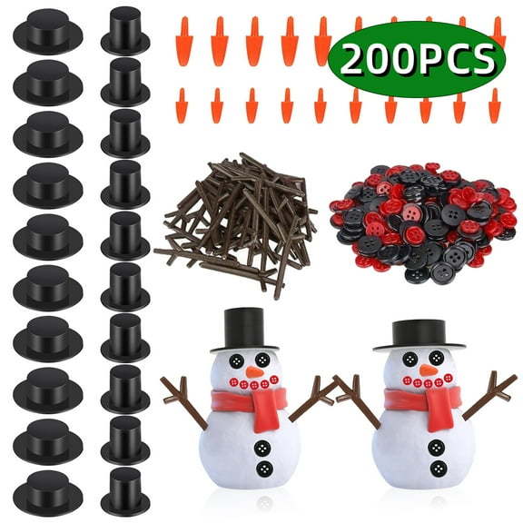 Christmas Snowman DIY Craft Kit with Mini Carrot Noses Buttons Magician Hats Trigeminal Hand Accessories for Christmas Party Supplies 200PCS Set 1