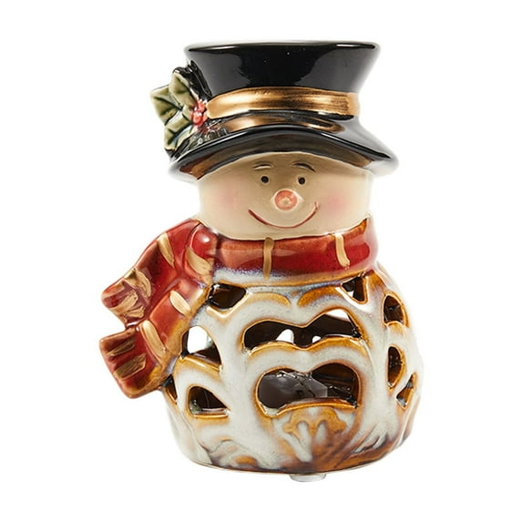 Christmas Snowman Decoration, Ceramic Snowman Lamp, Colorful Elderly Snowman with LED Light, Cute Festive Ornament for Indoor and Covered Outdoor Use, Red Ceramic Lampshade, 12x8cm Tabletop Decor
