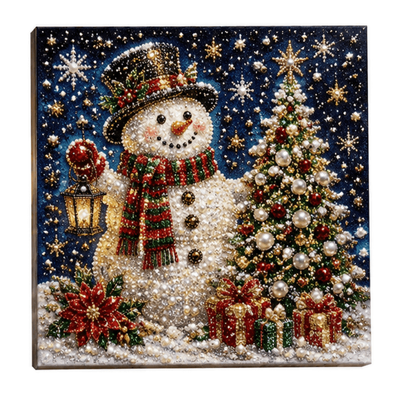 Christmas Snowman Diamond Painting Kit, Pearl Rhinestone Christmas Art with Sparkling Lantern and Tree, Xmas Home Wall Decor for Holiday Gift