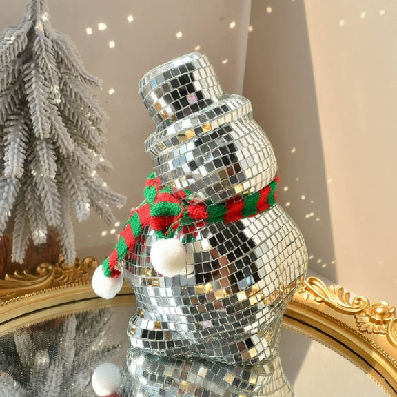 Christmas Snowman Disco Ball Statue, Reflective Winter Decoration With Knitted Scarf And Hat, Suitable For Holiday Fireplaces, Holiday Gatherings, Festive Home Decor