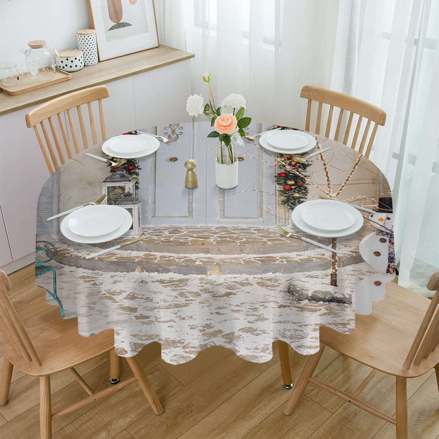 Christmas Snowman Door Balloon Round Tablecloth Waterproof Wedding r