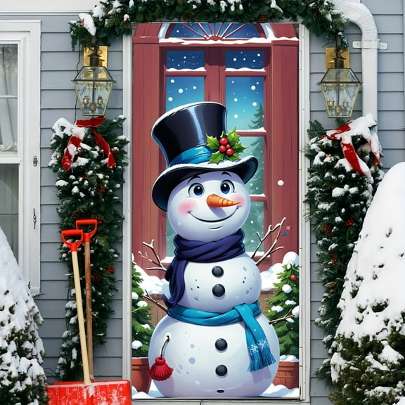 ‌Christmas Snowman Door Cover - 35.43in x 78.74in,Holiday Decor,Festive Dino Design,Easy Peel & Stick,Reusable,Perfect for Christmas Decorations‌
