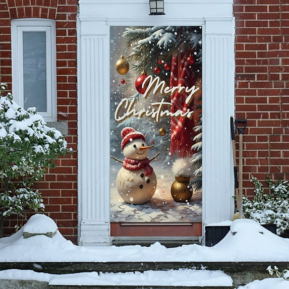 Christmas Snowman Door Cover Merry Christmas Door Decorations Winter Snowman Backdrop Background Banner for Front Porch Xmas Party Decor Supplies
