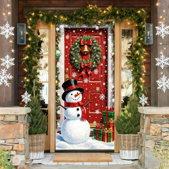 Christmas Snowman Door Cover Winter Let It Snow Doors Banner Christmas Front Door Porch Banner Snowman Photography Backdrop Sign for Xmas New Year Winter Holiday Home Party Decor
