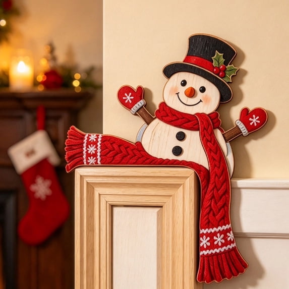 Christmas Snowman Door Frame Corner Decor, Winter Holiday Door Topper with Red Scarf & Holly Design, Cute Xmas Ornament for Entryway & Holiday Home Party (Snowman)